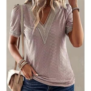 Pink V-Neck Lace Trim Eyelet Stretch Boho Style Short Sleeve Blouse 2X New